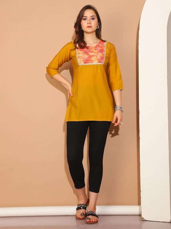 Rajnandini Women's Poly Silk Printed Tunic Mustard Yellow
