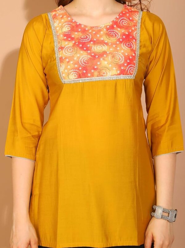 Rajnandini Women's Poly Silk Printed Tunic Mustard Yellow