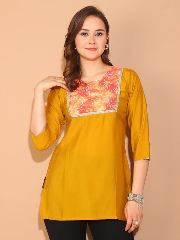 Rajnandini Women's Poly Silk Printed Tunic Mustard Yellow