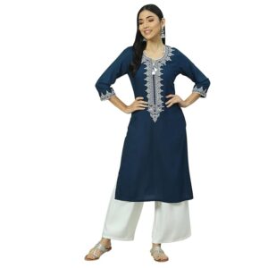 RANGRITI Women Solid Viscose Rayon Straight Kurta Dark Blue