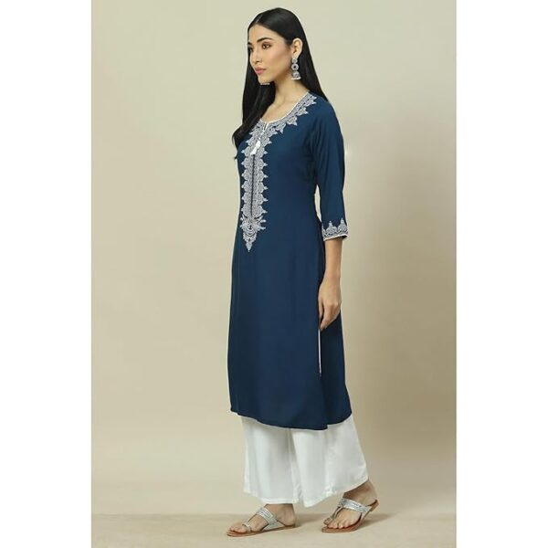 RANGRITI Women Solid Viscose Rayon Straight Kurta Dark Blue