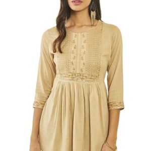 Soch Womens Beige Rayon Slub Floral Embroidered Tunic with Sequin 2XL