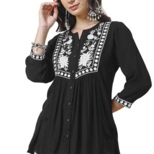 Soch Womens Black Rayon Crepe Embroidered Tunic with Thread Work