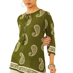 Soch Womens Crepe Paisley Printed Tunic with Tassels Green