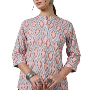 Soch Womens Grey Spandex Abstract Print Tunic with Mandarin Collar