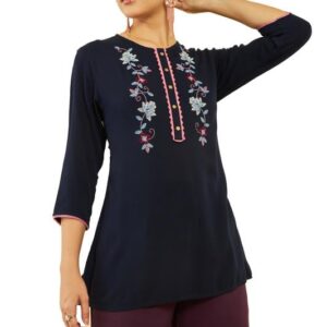 Soch Womens Navy Blue Crepe Floral ThreadWork Embroidered Round-Neck Tunic