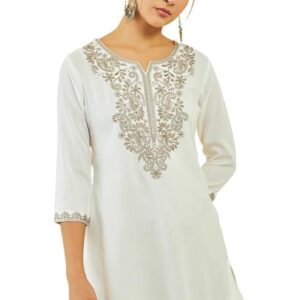 Soch Womens Off White Rayon Embroidered Tunic with Thread Work Till 2XL
