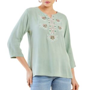 Soch Womens Sap Green Crepe Tunic with Geometric Embroidery