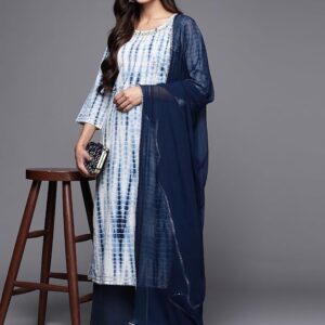 VARANGA Straight Kurta With Round Neck Blue Solid Palazzo And Dupatta