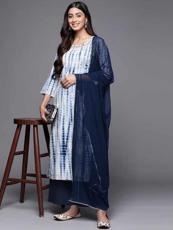 VARANGA Straight Kurta With Round Neck Blue Solid Palazzo And Dupatta