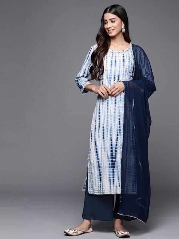 VARANGA Straight Kurta With Round Neck Blue Solid Palazzo And Dupatta