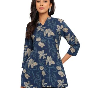 Varanga Women Printed Pure Cotton A-line Top Blue