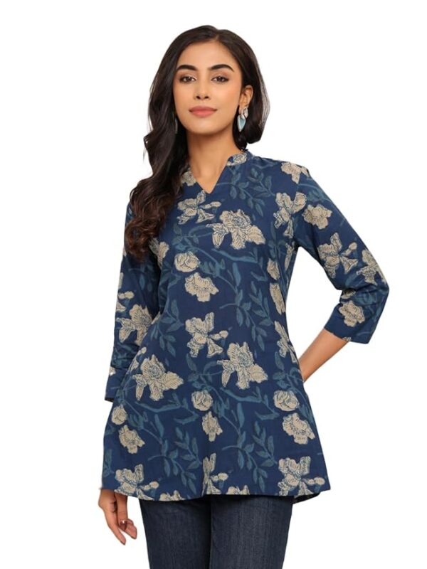 Varanga Women Printed Pure Cotton A-line Top Blue