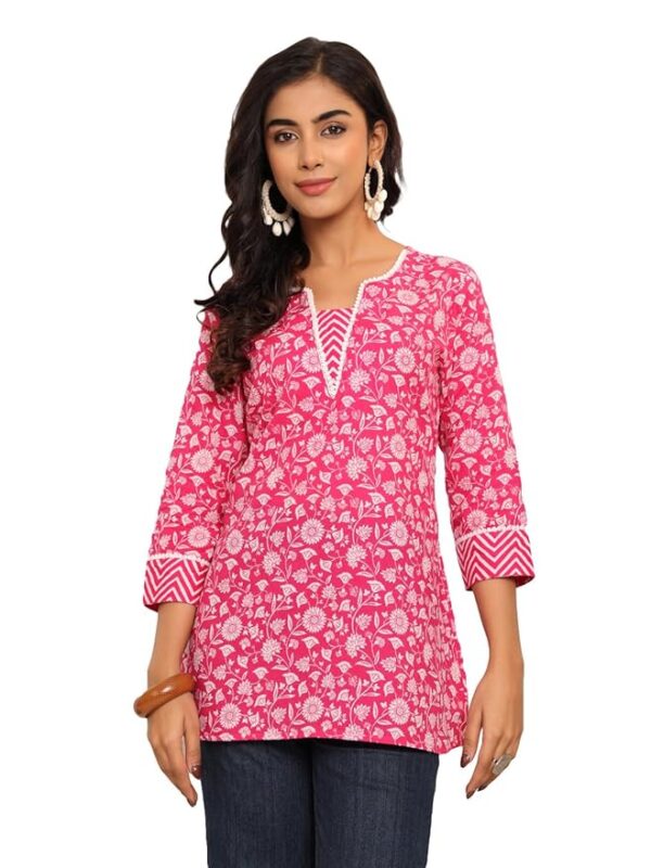 Varanga Women V-Neck Jaipuri Jaal Printed Tunic Pink Top