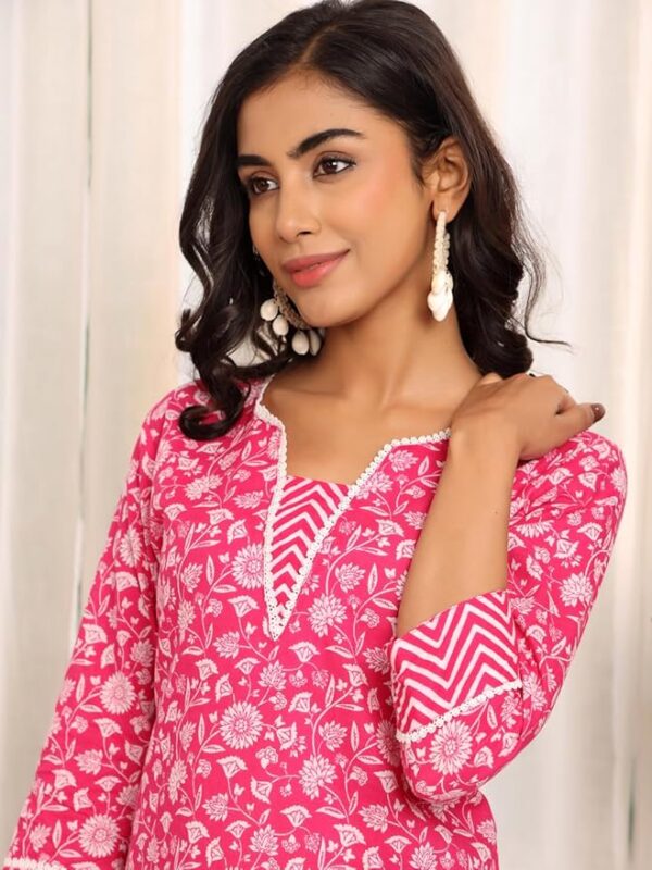 Varanga Women V-Neck Jaipuri Jaal Printed Tunic Pink Top