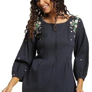 W Casual Regular Sleeves Embroidered Women Black Top