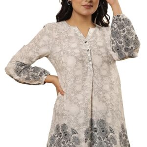 W Floral Printed Mandarin Collar Puff Sleeves Pure Cotton Tunic