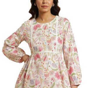 W for Woman Ecru Gathered Regular Fit Top with Bright Floral Print