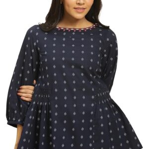 W for Woman Women's Rayon Blend Regular Fit Yarn Dye Top with Smocking