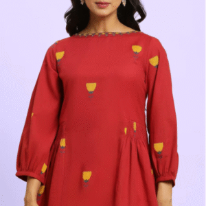 W Red Floral Printed Puffed Sleeves Smocking Pure Cotton Peplum Top