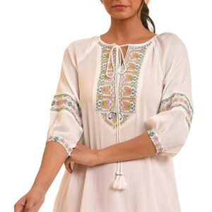 W White Tie-Up Neck Embroidered Raglan Sleeve Top