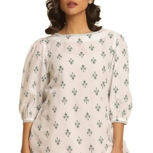 W Women Printed Relaxed Fit White Top with Puff Sleeves